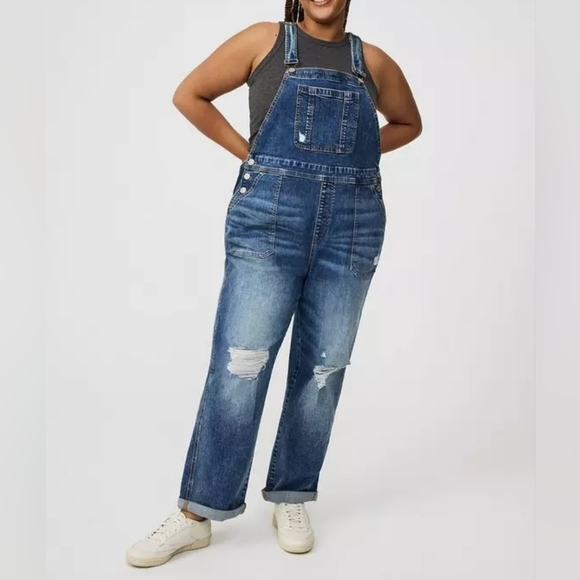 torrid Denim - Torrid Women's Blue Distressed Denim Straight Leg Overalls Size 18 Nwt